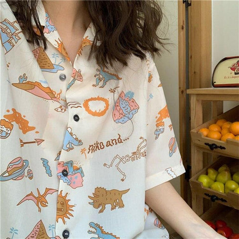 Classic Dinosaur Cartoon Printed Blouse Shirts