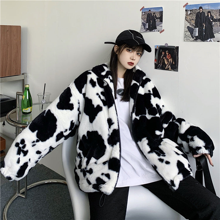 Cow Pattern Loose Warm Zipper Jacket