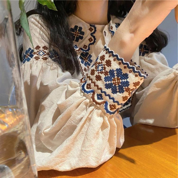 Langärmliges Retro-Bluse-Shirt mit Stickerei 