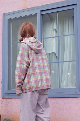 Pastel Pink Plaid Zipper Hooded Jacket