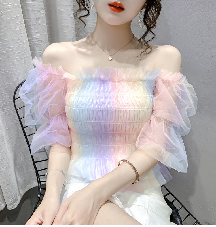 Hemden mit Puffärmeln, quadratischem Kragen und Netzstoff mit Farbverlauf 