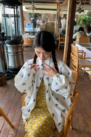 Casual Bow Printed Stand Neck Retro Zipper Jacket