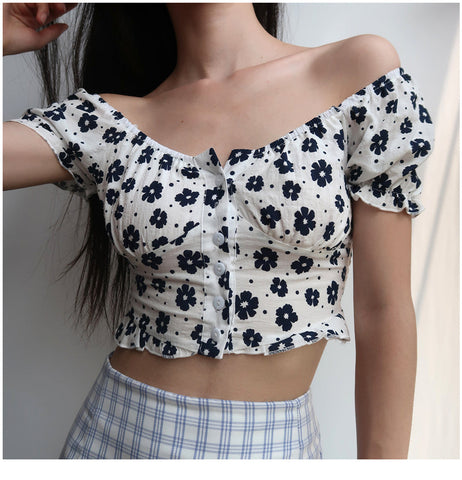 Black Daisy Puff Sleeve Sexy Cropped Shirt