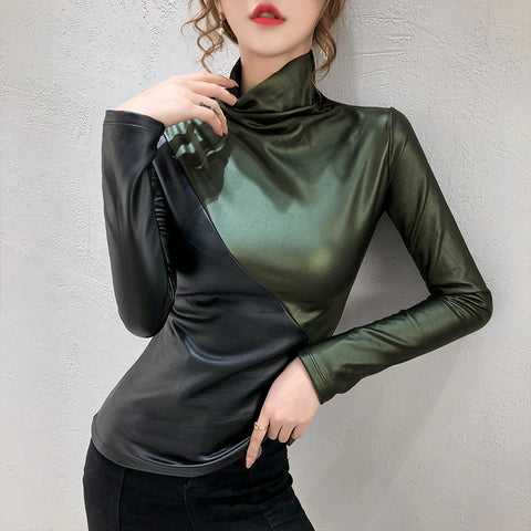 Half Color Long Sleeve Turtleneck Leather Tops