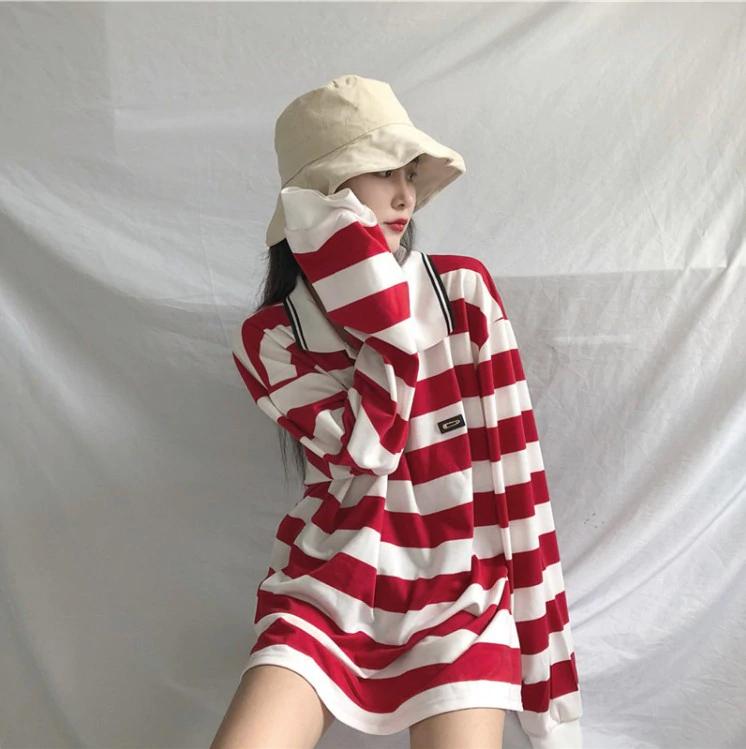 Lockeres Oversize-Poloshirt mit Retro-Streifen