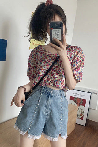 High Waist Pearls Pattern Lace Shorts Jeans