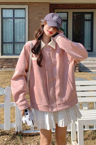 Long Sleeve Faux Suede Pink Elegant Jacket