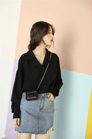 Long Sleeve Simple Notched Blouse Shirts