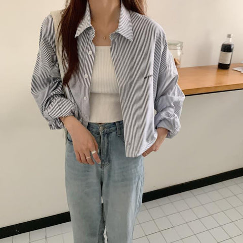 Cropped Long Sleeve Simple Striped Shirts