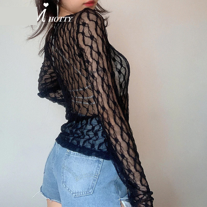 Sexy transparentes Langarmshirt aus Spitzennetz