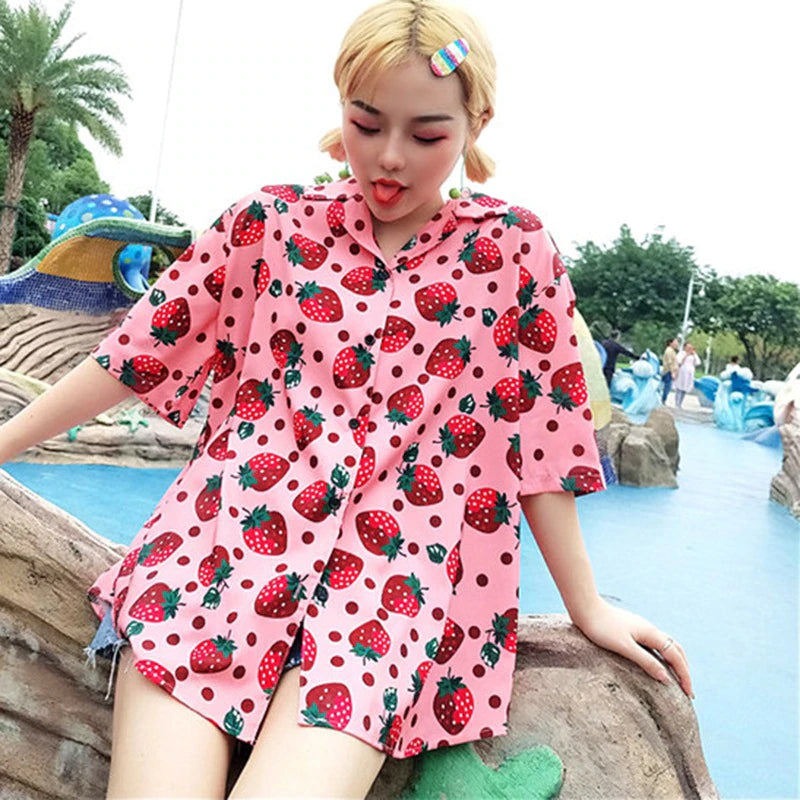 Strawberry Printed Short Sleeve Blouse Shirt