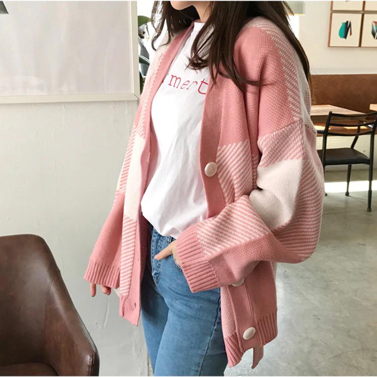 Pink Casual Plaid V-Neck Cardigan