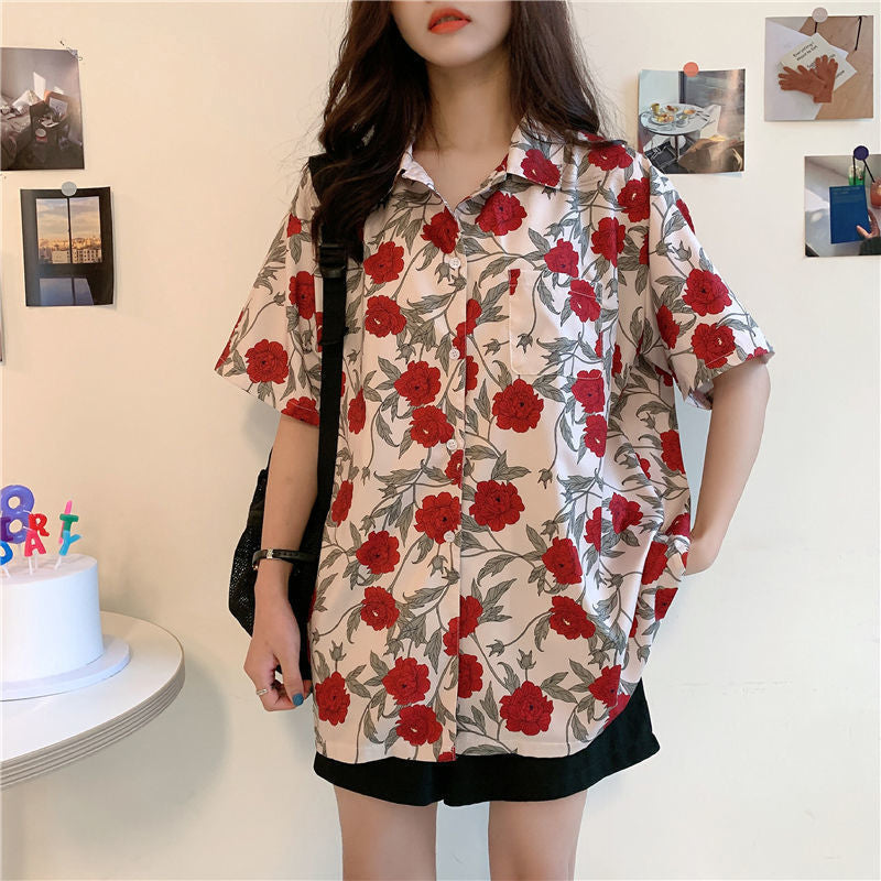 Roses Flower Pattern Short Sleeve Blouse Shirt