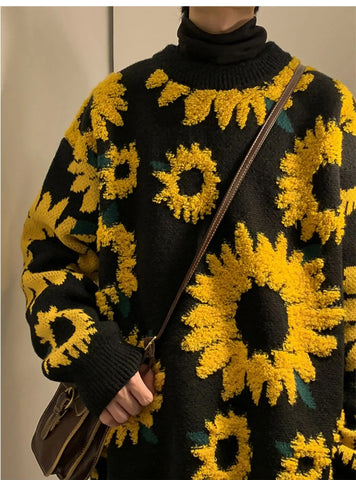 O-Neck Sunflower Pattern Warm Sweater