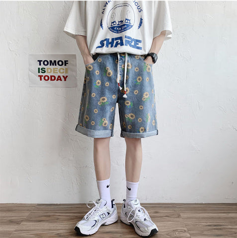 Sun Flower Pattern Denim Shorts Pants