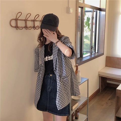 Plaid Style Loose Short Sleeve Blazer