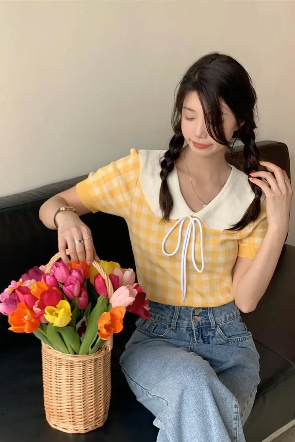 Short Sleeve Drawstring Cute Plaid Doll Collar Shirt