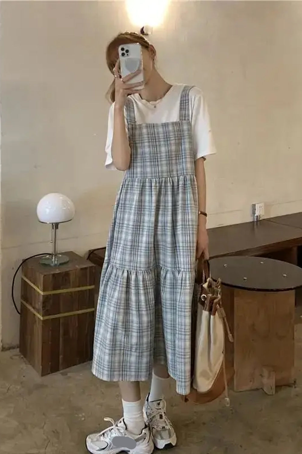 Square Collar Lovely Plaid Long Dress