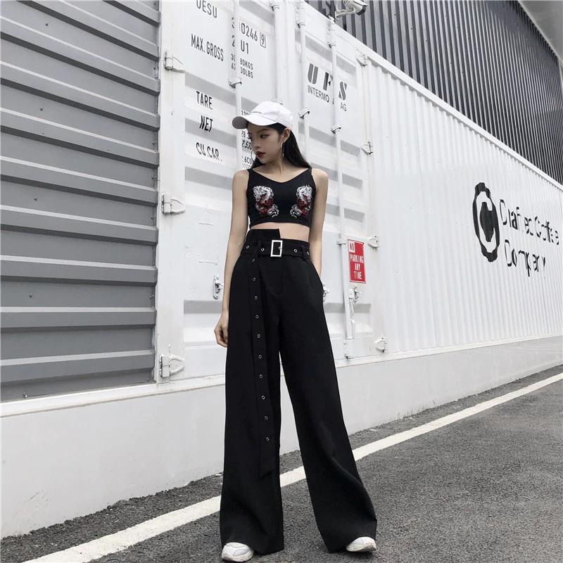 Loose Wide Leg Long Belted Pants