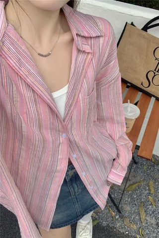 Long Sleeve Elegant Pink Striped Blouse Shirt