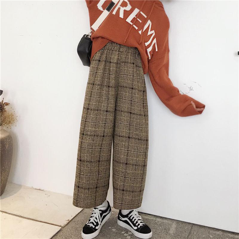 High Waist Ankle Length Wide Leg Plaid Pants