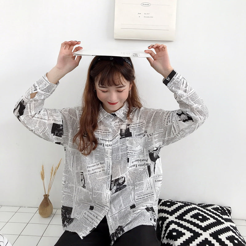 Vintage Newspaper Printed Turn Down Collar Blouse Shirt