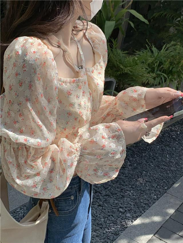 Hanging Neck Square Collar Floral Blouse Shirts