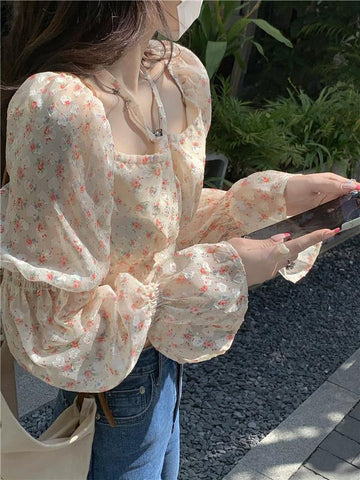 Hanging Neck Square Collar Floral Blouse Shirts