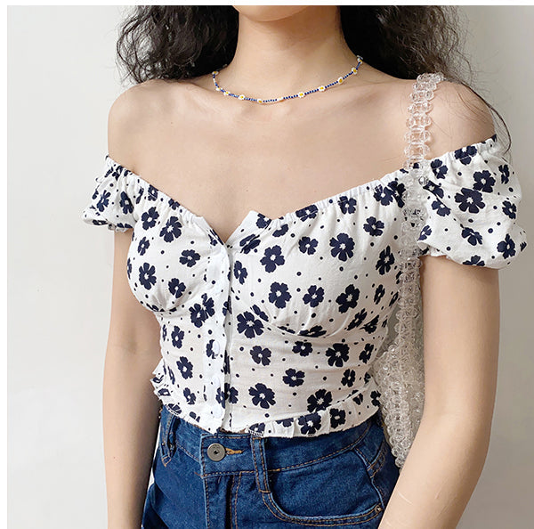 Black Daisy Flower Slash Crop Top Slim Shirt