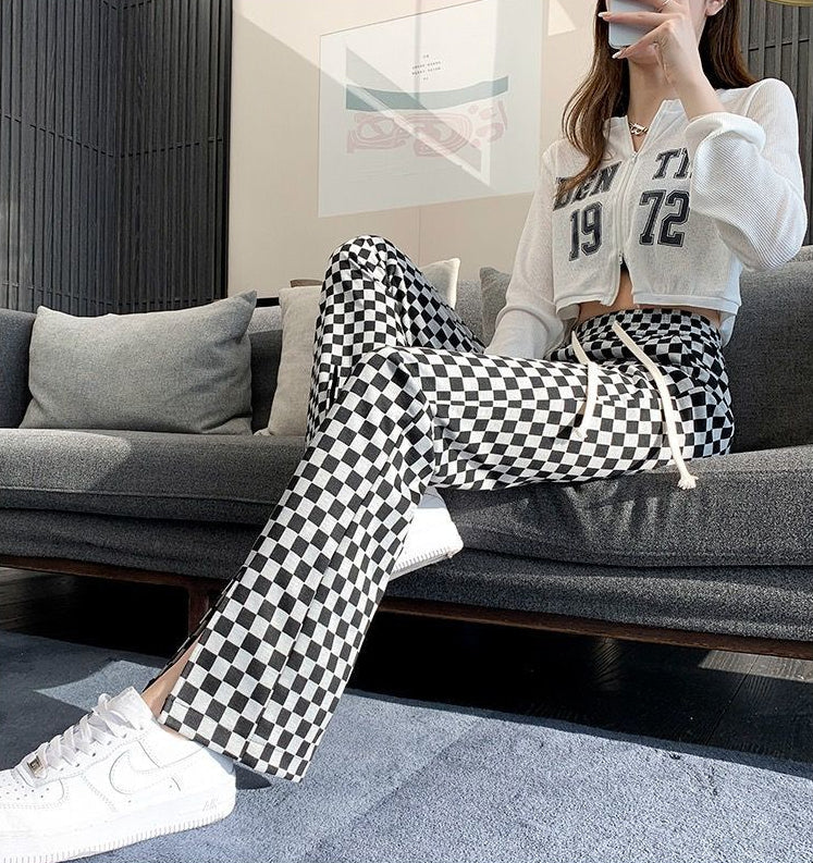 Slit Leg Retro Checkered Pattern Loose Pants