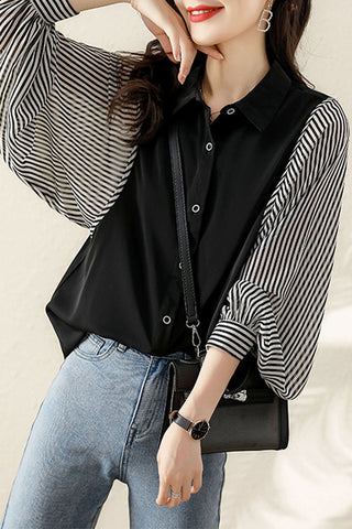 Long Sleeve Side Striped Combination Office Blouse Shirt