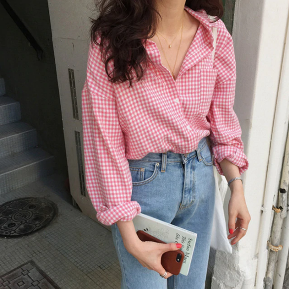 Pink Plaid Casual Blouse Long Sleeve Shirt