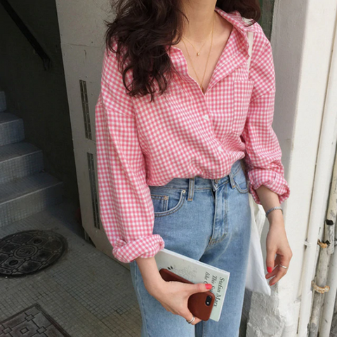 Camisa informal de manga larga con blusa a cuadros rosa