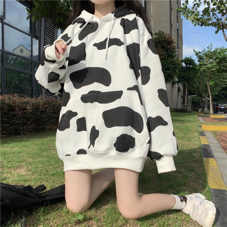 Loose Oversize Cow Pattern Hooded Jacket