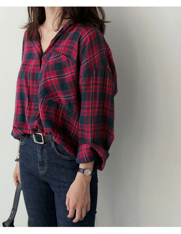 Vintage Flannel Long Sleeve Blouses Shirt