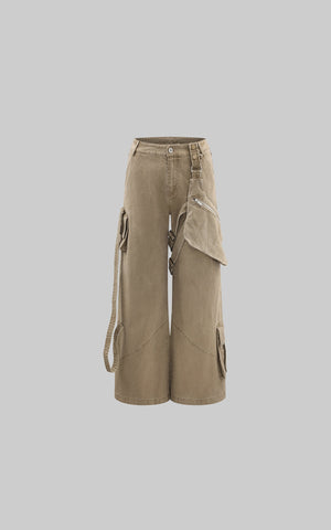 Wide Leg Cargo Pants with Strap Details and Detachable Pocket
