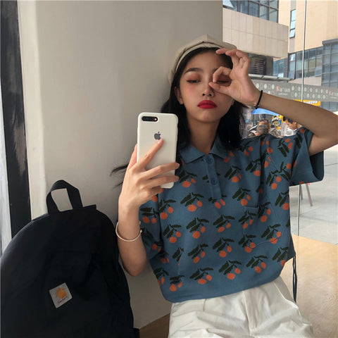 Orange Fruit Printed Loose Crop Top Slim Shirt