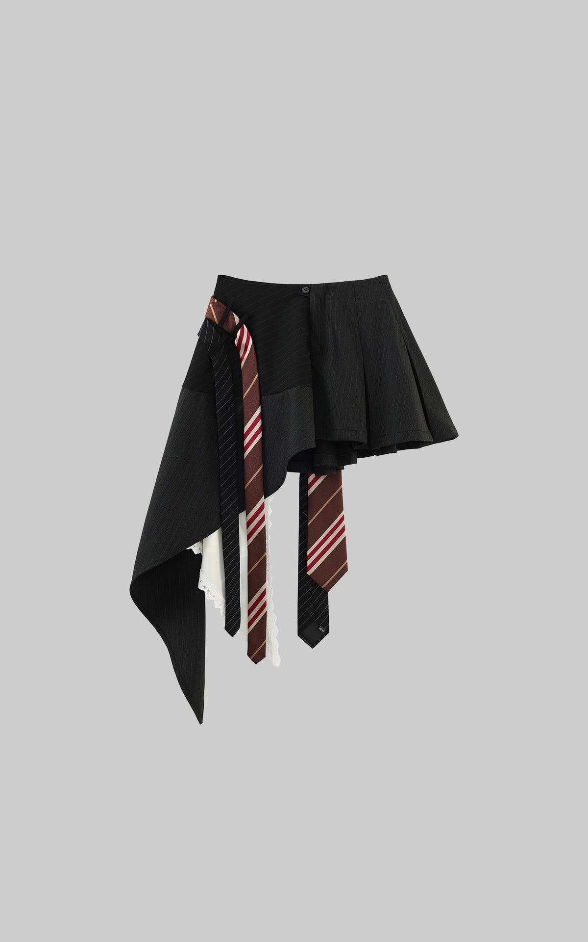 Asymmetric Pinstripe Mini Skirt with Tie Detail and Lace Trim
