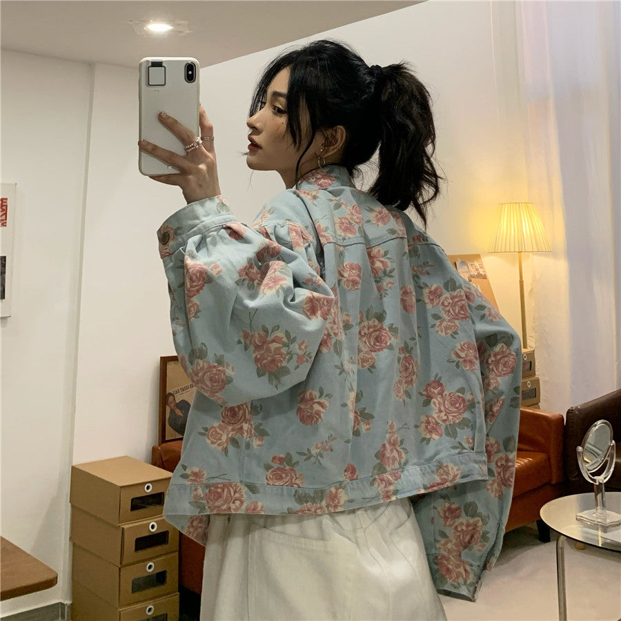 Floral Printed Casual Denim Cropped Jackets