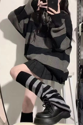 Loose Hooded Grey Striped Casual Sweater