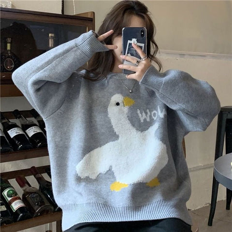 Cute Duck Pattern O-Neck Loose Sweater