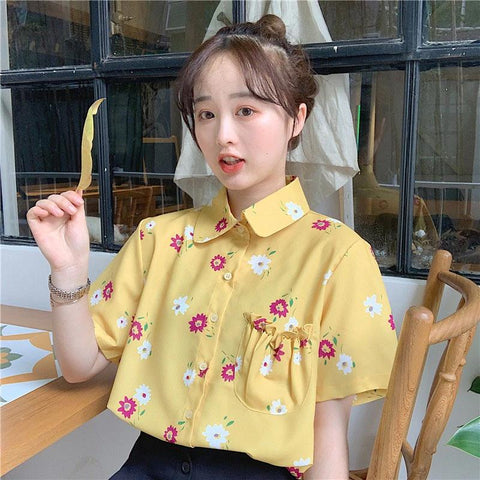 Flowers Print Short Sleeve Chiffon Blouse Shirt