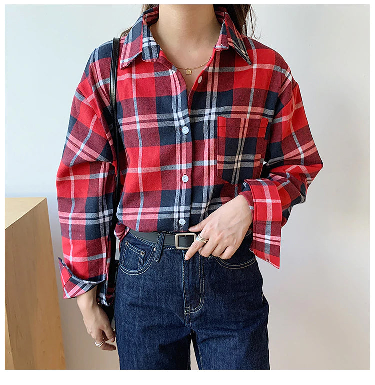 Vintage Classic Plaid Style Turn Down Collar Shirt