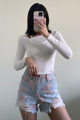 Rose Pattern Ripped Denim Shorts Jeans