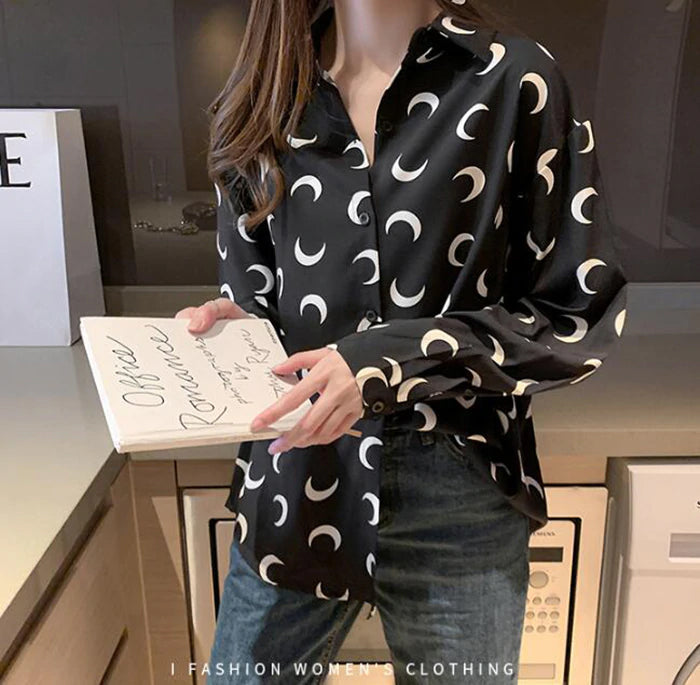 Moon Printed Turn Down Collar Long Sleeve Blouse Shirt