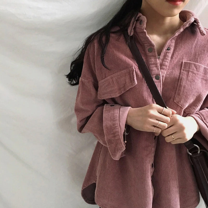 Loose Retro Solid Corduroy Blouse Shirt