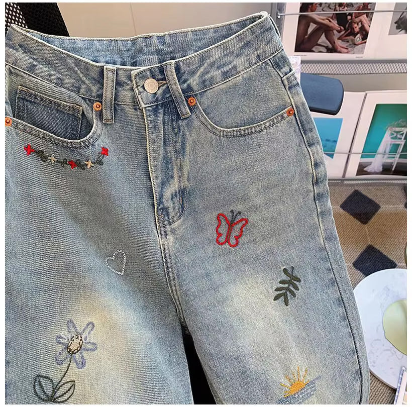 High Waist Garden Embroidered Long Jeans Pants