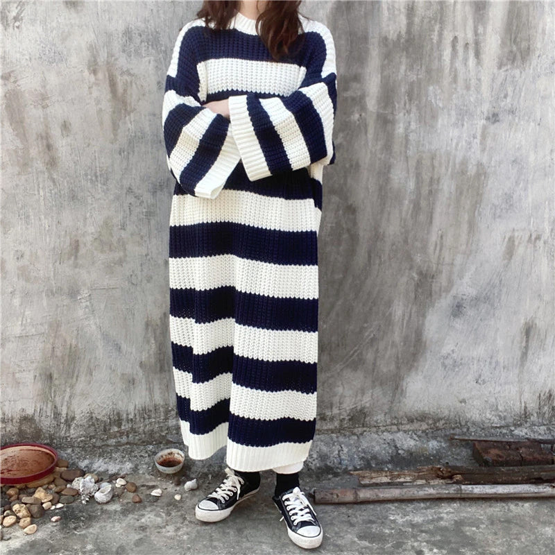 Vintage Loose Striped Long Knitted Dress Sweater