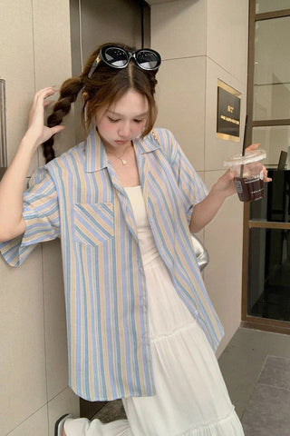 Short Sleeve Blue Striped Vintage Blouse Shirts