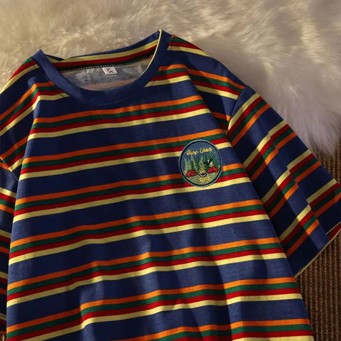 Short Sleeve Pocket Embroidered Striped Shirt